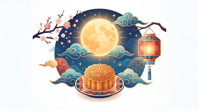 Autumn mid festival mooncake served on plate under glowing full moon with traditional lantern