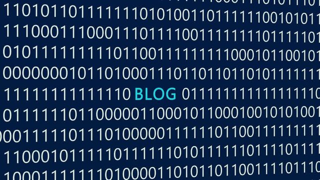 Blog text or word with digital binary animation made in After Effects for digital world technology concept, representing online publishing, content creation, and digital media platforms.
