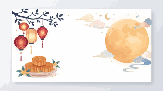 Autumn mid festival background with watercolor mooncakes hanging lanterns and full moon