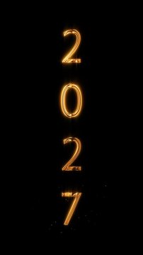 Vertical video animation of the year 2027 in gold with sparkle stars - represents the new year 2027 - happy new year concept.