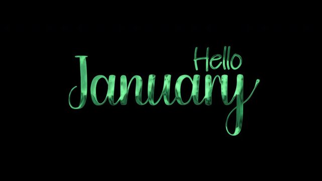 Green metallic hello january script lettering on a dark background with a neon aesthetic and shiny style suitable for ecard designs.