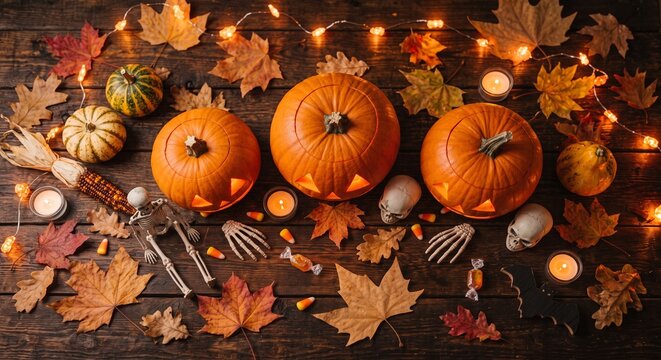 Top-down shot of carved pumpkins surrounded by dried orange leaves and small bats decorations
