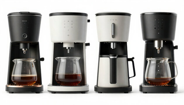 Three glass carafe coffee makers with hot brewed coffee and steam rising on white background