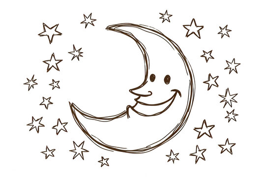 Desenho de lua crescente sorridente com estrelas