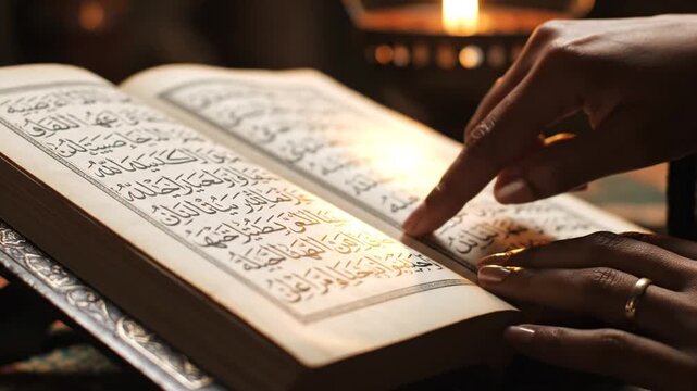 Hands reading sacred Arabic script book by warm candlelight
