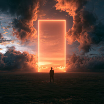 Conceptual surreal landscape showing a lone figure before a luminous rectangular gateway surrounded by towering storm clouds, warm atmospheric light and an expansive reflective ground