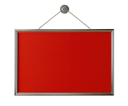 Empty red notice board with silver frame hanging on white wall for business announcements.