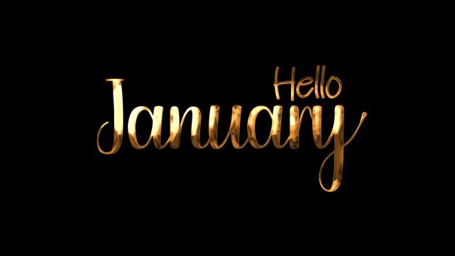 Shiny golden text hello january, perfect for new years greetings, winter designs, festive promotions. Stylish metallic lettering on black background.