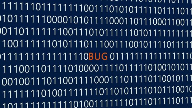 Bug text or word with digital binary animation made in After Effects for digital world technology concept, representing software errors, debugging processes, and system flaws.