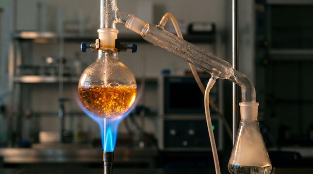 Chemistry experiment showing distillation process in science laboratory, pharmaceutical research concept