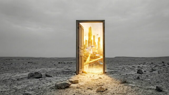 Open door revealing vibrant advanced metropolis in desolate monochrome landscape, symbolizing future possibilities and progress.