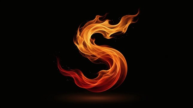 Fiery letter S made of burning flames, glowing orange fire alphabet character on black background, hot blazing typographic element