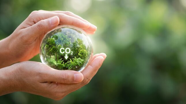 Environmental protection, hands cradling glass sphere containing trees and CO2 symbol, green nature background, sustainability concept