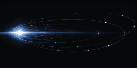 Futuristic Orbital Trajectory Network with Glowing Blue Lens Flare, Satellite Galaxy Motion, Quantum Space Science Light Streak, and Digital Data Technology Concept on Black Background ©  TechFlow Studio