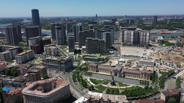 Aerial View of Belgrade Center, Belgrade Waterfront and Stefan Nemanja Monument
