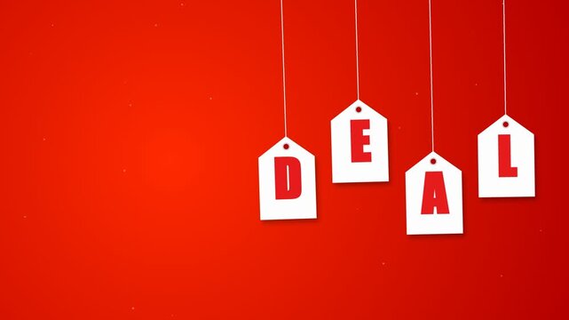 Red promotional banner with hanging price tags spelling deal for retail sale and discount offers