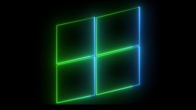 Abstract neon glowing windows icon with black background animation.