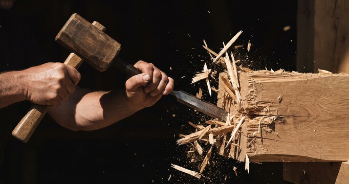 Carpentry hands using mallet and chisel to carve timber against dark background, woodworking craftsmanship concept
