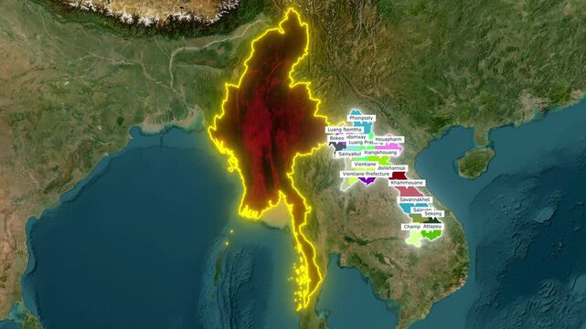 Animated Map of Myanmar and Laos Showing States and Provinces