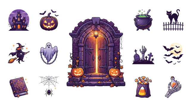 Halloween elements set, spooky haunted house door, witch on broom, witchcraft cauldron, spooky graveyard isolated on White Background vector eps