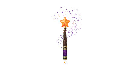 Magical magic wand with golden star top and purple sparkles, illustrated wizard spell staff, fantasy character equipment with enchanting dots and glitter for children's book design, game assets © LAIJU 
