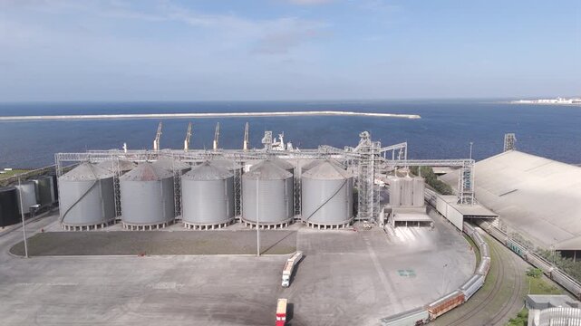 Grain storage silos and bulk handling terminal at the Port of Veracruz, Mexico, aerial