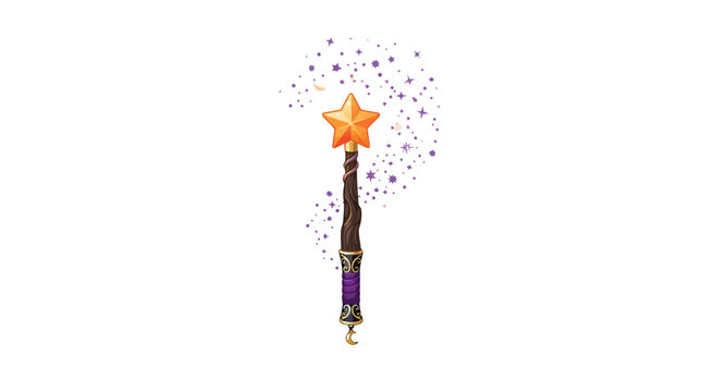 Magical magic wand with golden star top and purple sparkles, illustrated wizard spell staff, fantasy character equipment with enchanting dots and glitter for children's book design, game assets