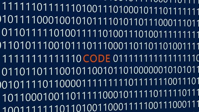 Code text or word with digital binary animation made in After Effects for digital world technology concept, representing software development, programming languages, and digital engineering.