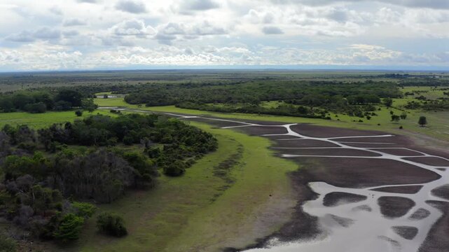 Aerial orbit view of braided wetland channels forming intricate patterns across the Llanos savanna in Orinoquia, Colombia, bordered by gallery forest and green pastureland under a cloudy sky