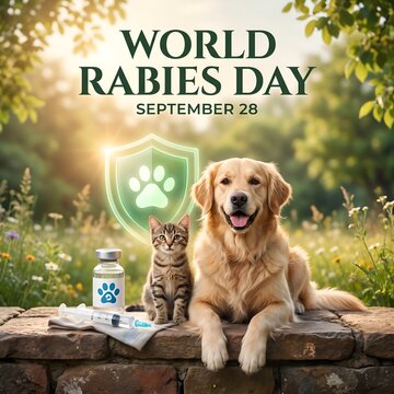 Golden dog sitting near rabies vaccine on world rabies day