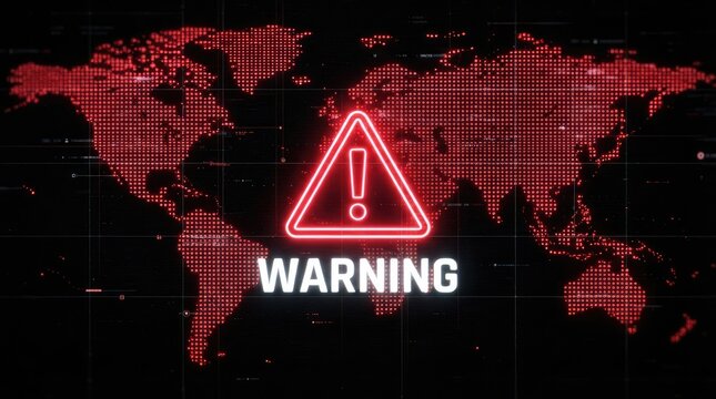 Global digital warning signal on illuminated world map with alert triangle with warning sign highlights bright red illuminated digitalization