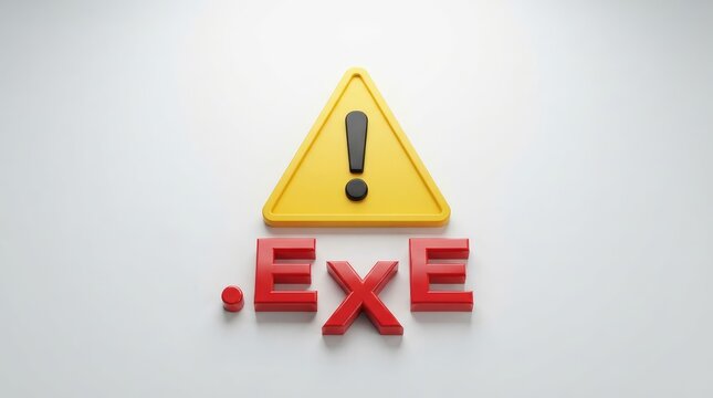 Warning symbol combined with executable file extension in modern digital setting with exclamation triangle highlights extension plain background
