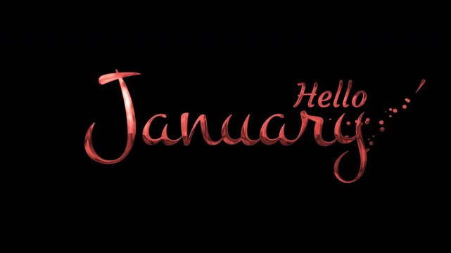 Red glowing elegant cursive script letters hello january on black background with decorative, glittery text suitable for seasonal greetings designs.