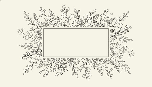 Horizontal rectangular frame elegantly bordered with delicate hand drawn black wild flowers on a soft cream background.