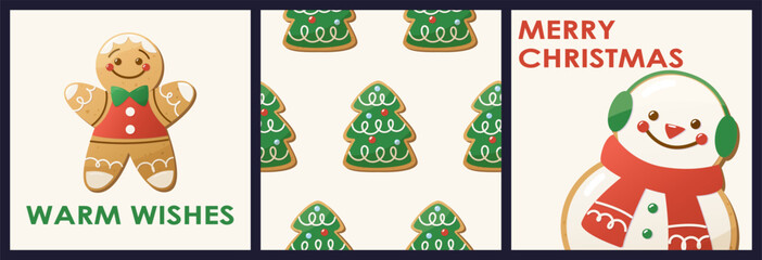 Fototapeta premium Set of three Christmas cards with gingerbread man, tree pattern and snowman with red scarf. Festive holiday collection perfect for Christmas greetings, seasonal gifting, and winter poster designs.