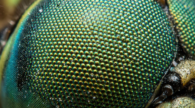 Microscopic Macro View of Green Metallic Insect Compound Eye Hexagonal Ommatidia