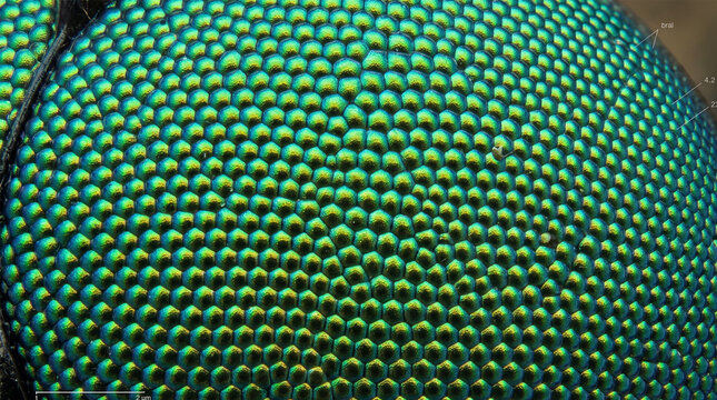 Hexagonal Grid Pattern of Metallic Green Dragonfly Compound Eye Ommatidia Macro