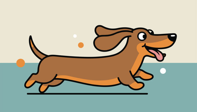 Cute cartoon dachshund with long floppy ears runs happily across a blue and cream split color background.