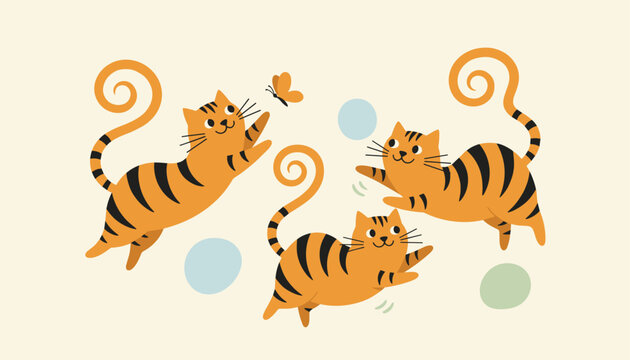 Three cute playful orange tiger cats frolic with balls and a butterfly against a warm cream colored background.