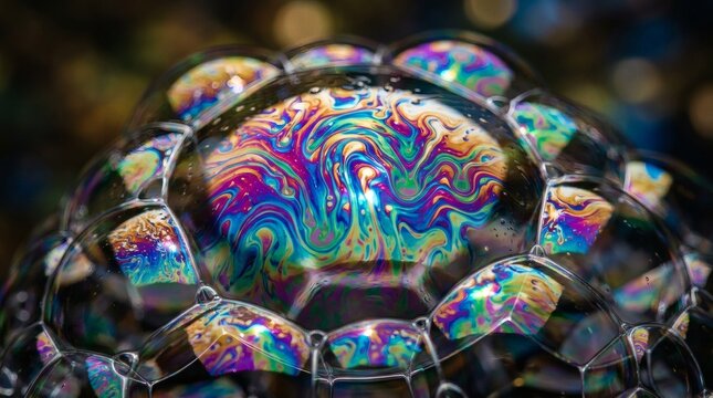 Iridescent soap bubble macro, rainbow swirl liquid surface, psychedelic oil film texture, colorful abstract soap foam