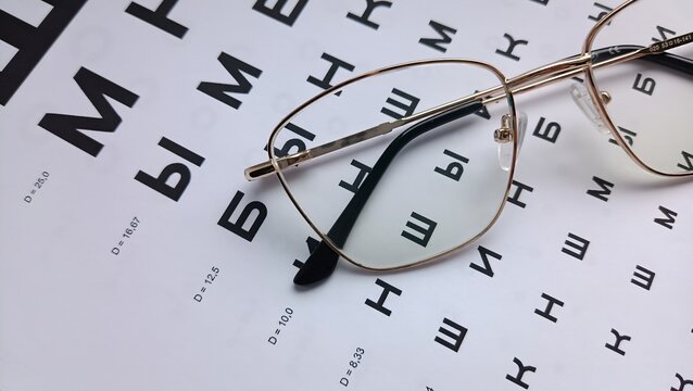 Modern eyeglasses lying on Cyrillic vision test chart. Eye examination, vision correction, optometry and healthcare concept.