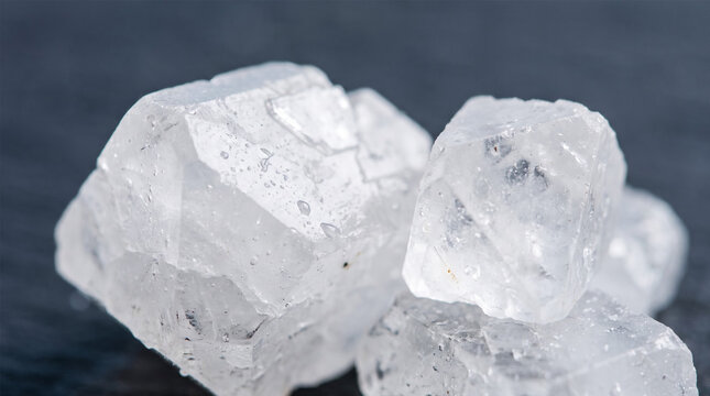 Coarse Halite Rock Salt Crystals Macro View on Dark Slate Stone