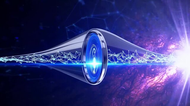 Glowing blue energy waves move inside metallic technological tunnel in dark universe filled with stars and cosmic dust, advanced interstellar engine travel exploring deep space mystery in cosmos