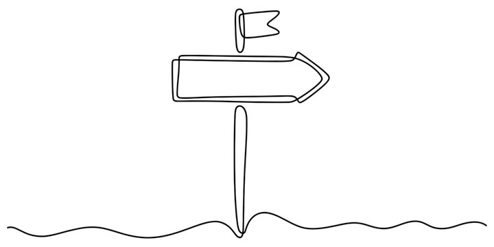 Single continuous line drawing of a wooden signpost with a small flag pointing to the right isolated on a white background Vector, illustration