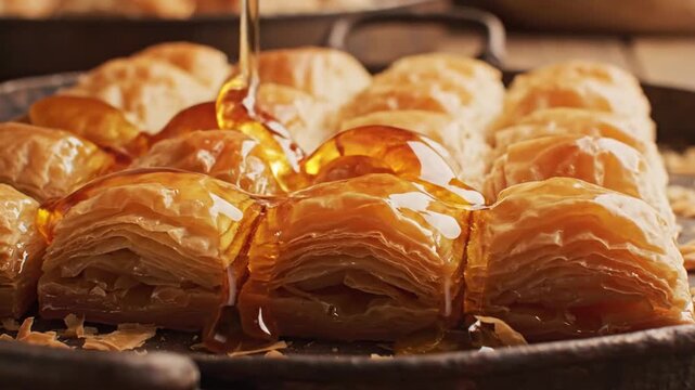 Honey pouring over golden baklava pastry in tray