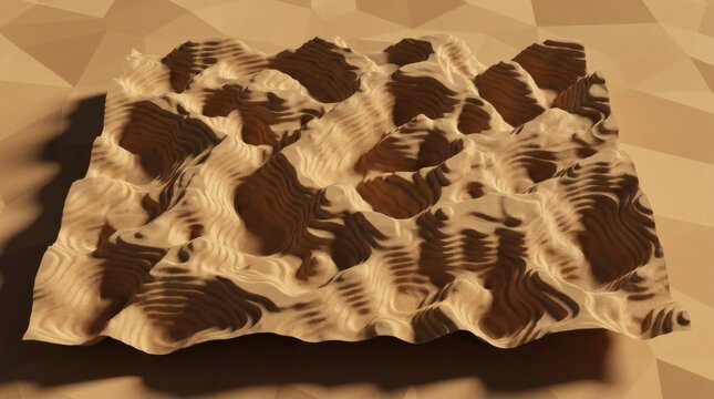 Abstract topographic map with wood grain texture, 3D wavy landscape model, organic brown and beige terrain relief