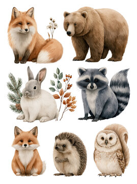 Woodland animal group isolated on transparent background featuring fox, bear, rabbit, raccoon, hedgehog, owl and botanical branch. with Clipping path