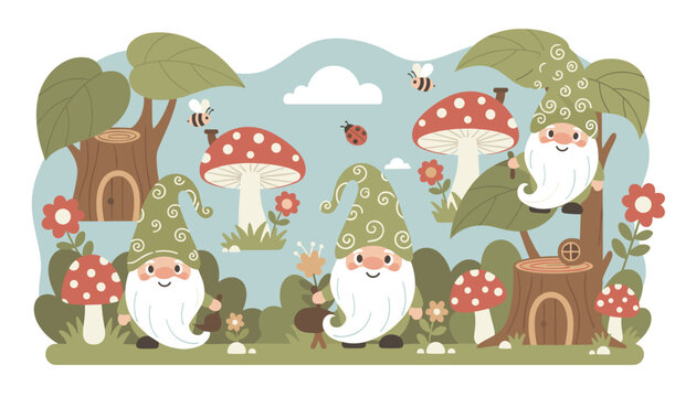 Enchanted forest illustration with three cute garden gnomes, fly agaric mushrooms, ladybugs, and tree stump houses.