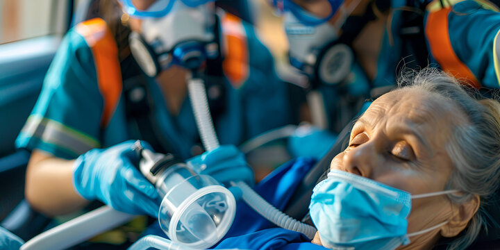 Senior Female Patient Receiving Respiratory Assistance During Rescue