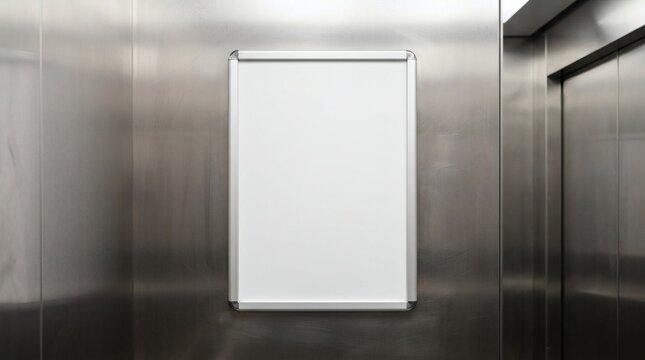 Blank vertical poster mockup in elevator, empty white billboard on metal wall, indoor advertising frame in lift cabin
